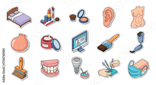 Diverse cartoon icons set covering beauty, medicine, and home essentials