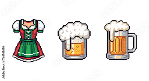 Pixel art oktoberfest: bavarian dress and beer mugs with foam