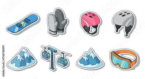 Winter sports equipment and mountain landscape stickers