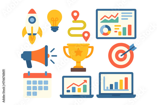 Business startup success achievement icons set for planning and growth