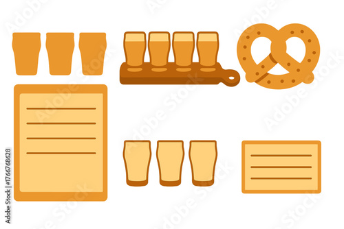 Beer tasting flight pretzel and menu icons for pub concept