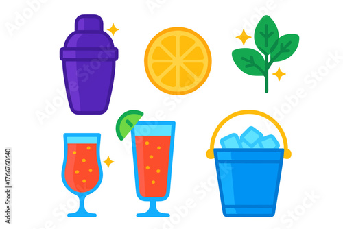 Set of bar tools and ingredients icons for making mixed drinks