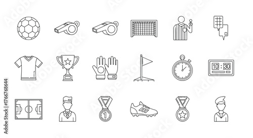 Linear sports icons: referee, trophy, shoes, and more in black and white