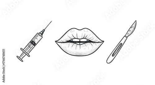 Medical tools and lips sketch: cosmetic surgery concept in black and white