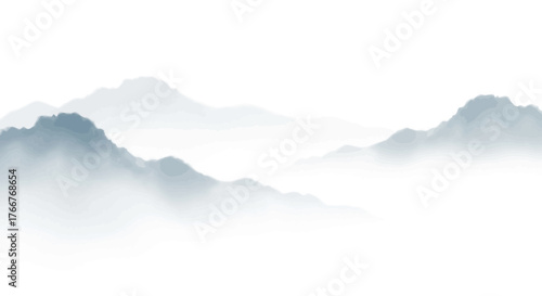 Minimalist Chinese Ink Wash Mountain Landscape - Ethereal Foggy Peaks Art