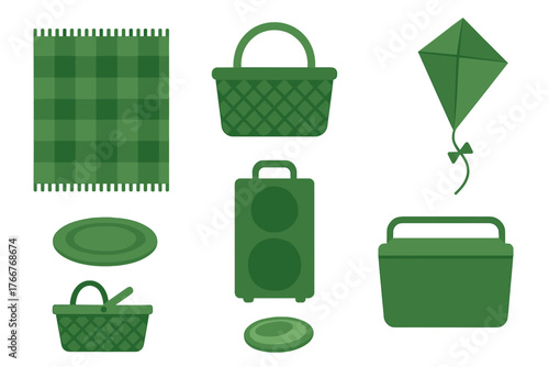 Collection of Green Outdoor Leisure and Picnic Equipment