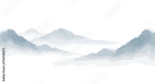 Minimalist Chinese Ink Wash Mountain Landscape - Ethereal Foggy Peaks Art