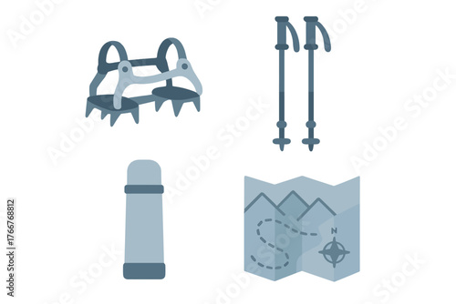 Mountaineering and hiking equipment icons set with crampons poles thermos and map