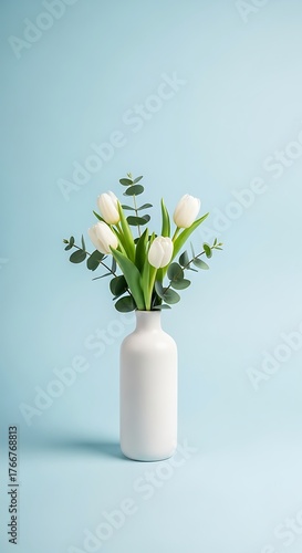 Elegant White Tulips in Vase on Light Blue Background.