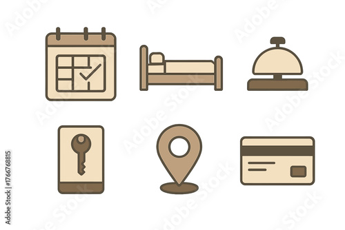 Six essential hotel and travel service icons in muted brown color palette