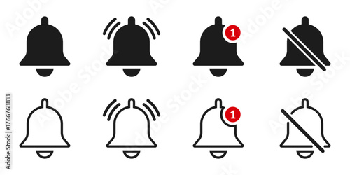 Set of Notification Bell Icons for Alerts, Sound, and Communication, Subscribe Button or Reminder icon of ringing bells for incoming inbox messages Vecor EPS 10 Design Elements