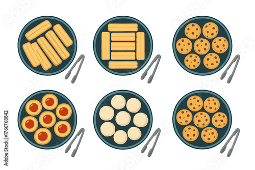 Assortment of baked goods and fried dough pastries on serving plates