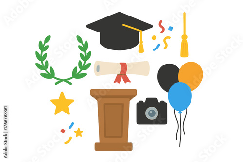Graduation ceremony icons set featuring mortarboard diploma and laurel wreath