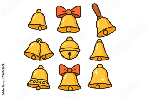 Collection of various golden holiday bells with different shapes and decorations