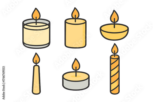 Collection of various burning candle icons in simple flat style