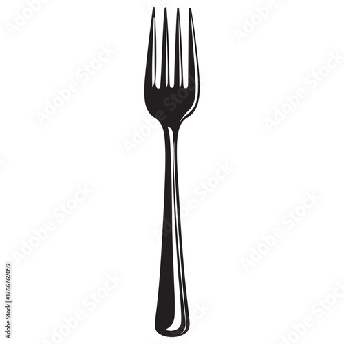 A modern black and white illustration of a fork, the Fork Icon exudes simplicity and style, making it perfect for incorporation into restaurant menus, cooking blogs, or any design with a culinary
