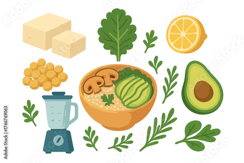 Assortment of healthy vegan food ingredients and prepared meal components