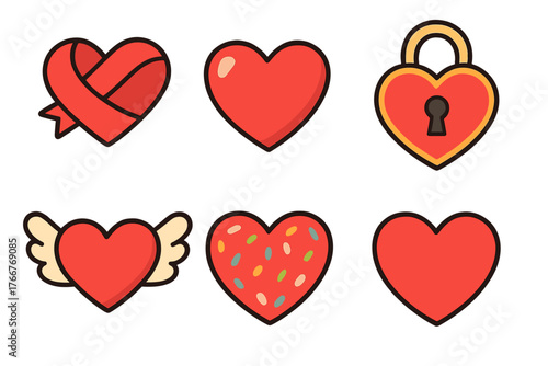Six stylized red heart icons with diverse decorative embellishments