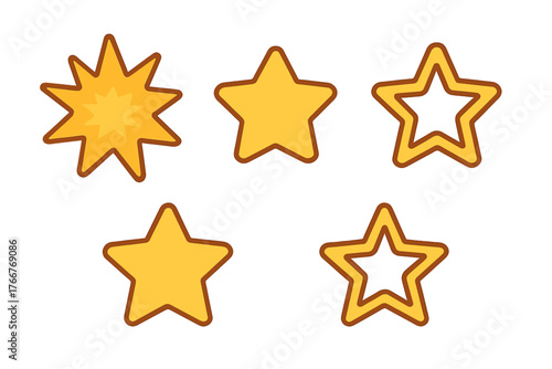 Five yellow star icons with various styles and outlines