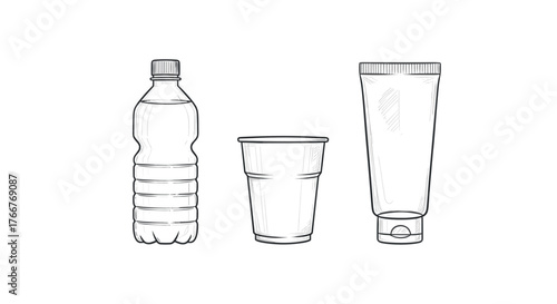 Hand drawn plastic packaging: bottle, cup, and tube in line art style