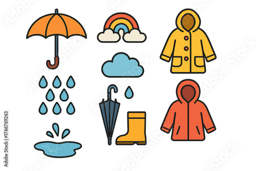Vibrant set of weather and rain protection symbols for wet conditions