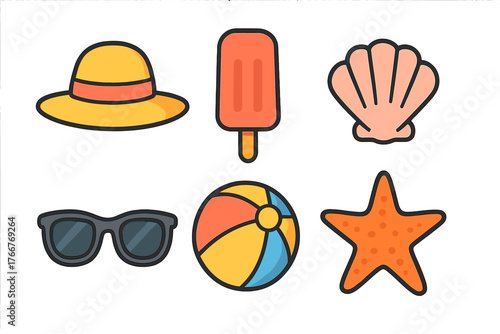 Colorful set of summer vacation and beach object icons