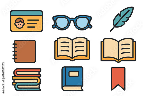 Collection of education and reading icons featuring books, glasses, and identification badge