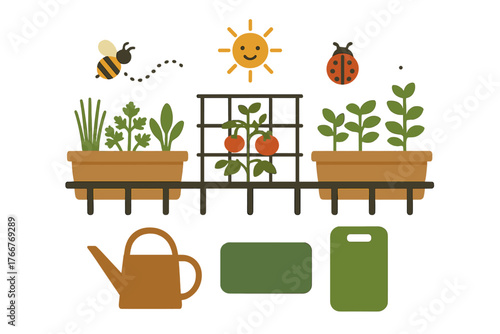 Stylized icons for container gardening featuring sun, bee, and ladybug elements