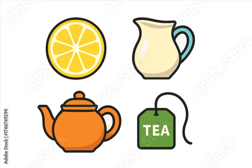 Colorful icons for tea preparation with lemon and milk pitcher elements