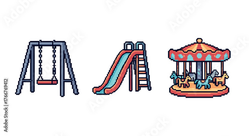 Pixel art playground equipment featuring slide, swing, and carousel