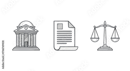 Linear icons of courthouse, legal document, and scales of justice on white background