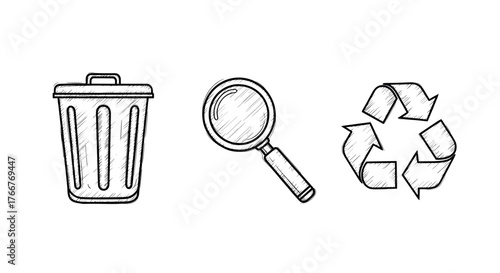 Hand drawn icons of trash bin, magnifying glass, and recycling symbol