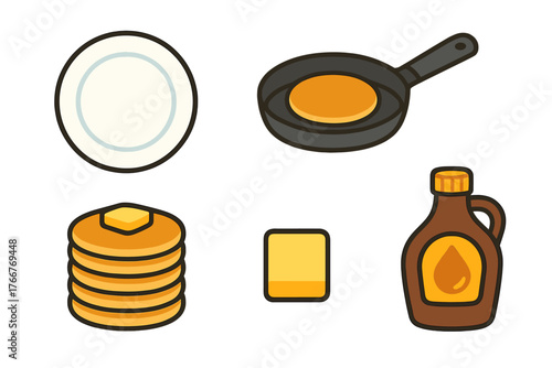 Stack of pancakes with butter syrup plate and frying pan icons