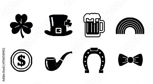 St. patrick's day icon set: shamrock, hat, beer, rainbow, and more in black and white