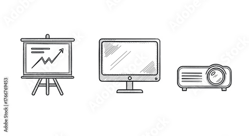 Sketch style business presentation tools with chart display and projector