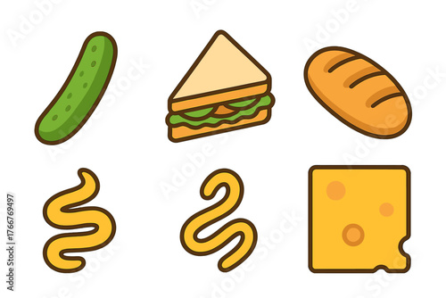 Sandwich components icons featuring bread, cheese, pickle, and mustard