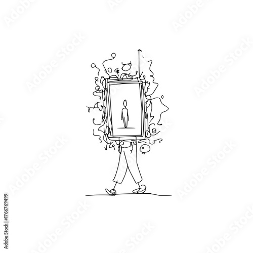 A person walking with a framed image of a figure surrounded by abstract scribbles and shapes in black ink