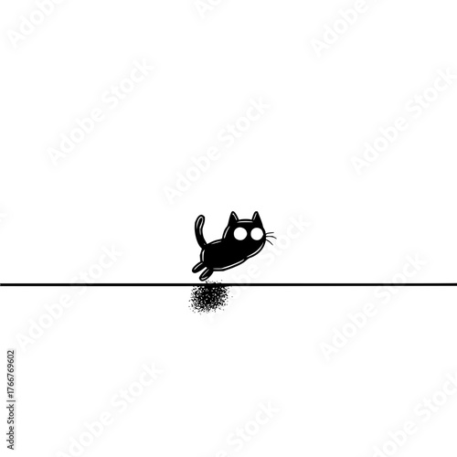 A black cartoon cat with large eyes jumping over a dark line with a shadow on a white background