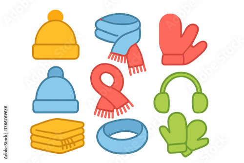 Colorful winter clothing accessories icons for cold weather protection