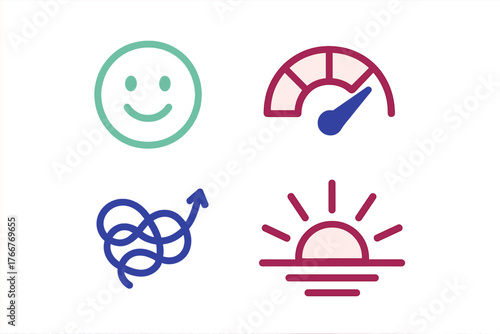 Abstract icons representing mood, speed, complexity, and sunrise concepts