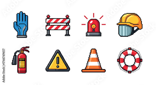 Pixel art safety icons: construction helmet, warning sign, traffic cone, lifebuoy