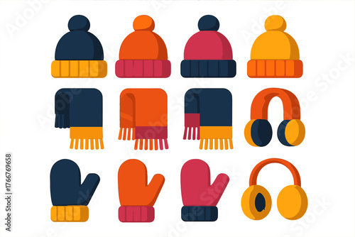 Assortment of colorful winter hats scarves mittens and earmuffs icons