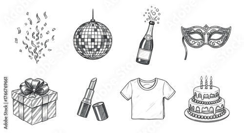 Party celebration sketch icons: disco ball, mask, gift, and more