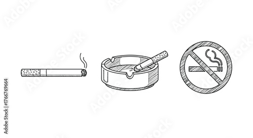 Hand drawn smoking elements: cigarette, ashtray, no smoking sign