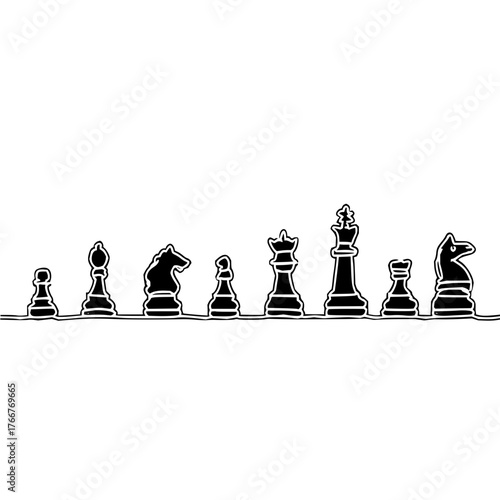 A continuous line drawing of chess pieces on a line in black and white illustration style artwork