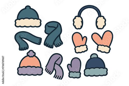 Assortment of colorful knitted winter hats scarves and mittens icons