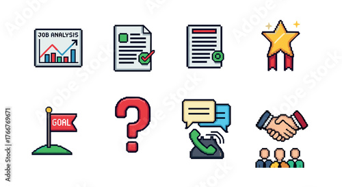 Pixel art business icons set: job analysis, communication, goal achievement, and collaboration
