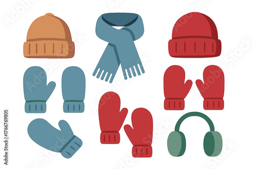 Colorful assortment of knit winter hats scarves mittens and earmuffs