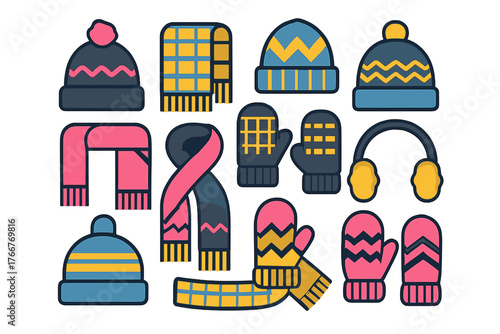Collection of colorful knitted winter hats scarves mittens and earmuffs icons