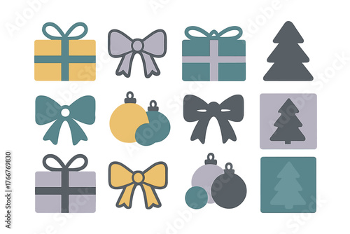Stylized assortment of holiday icons featuring gifts bows ornaments and evergreen trees